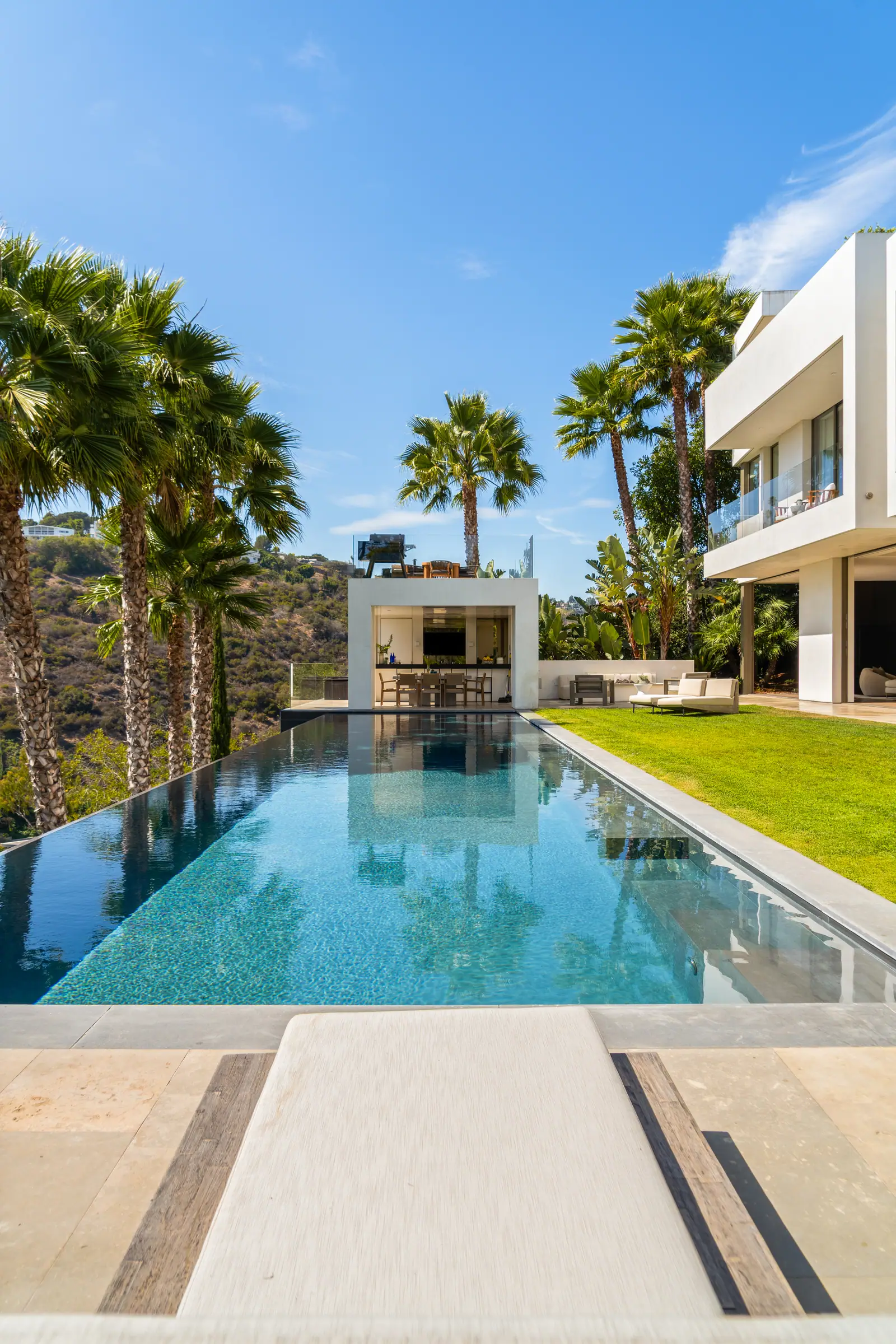 Long axis of the pool between lawn and terrace