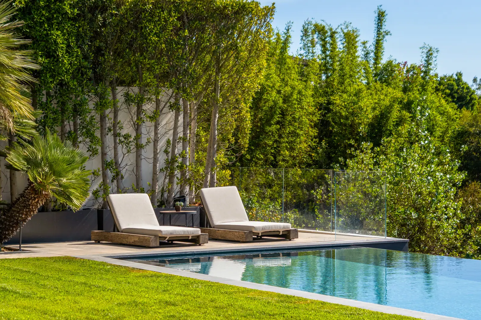 Pool with loungers and dense hillside planting behind