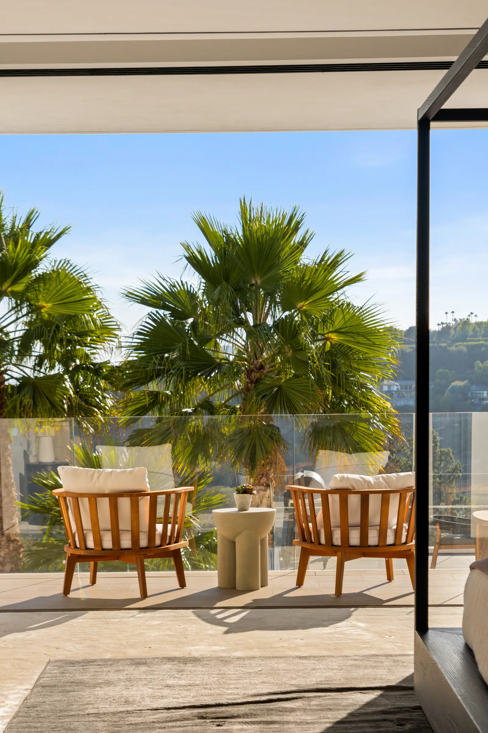 Terrace seating open to the sky and the hillside